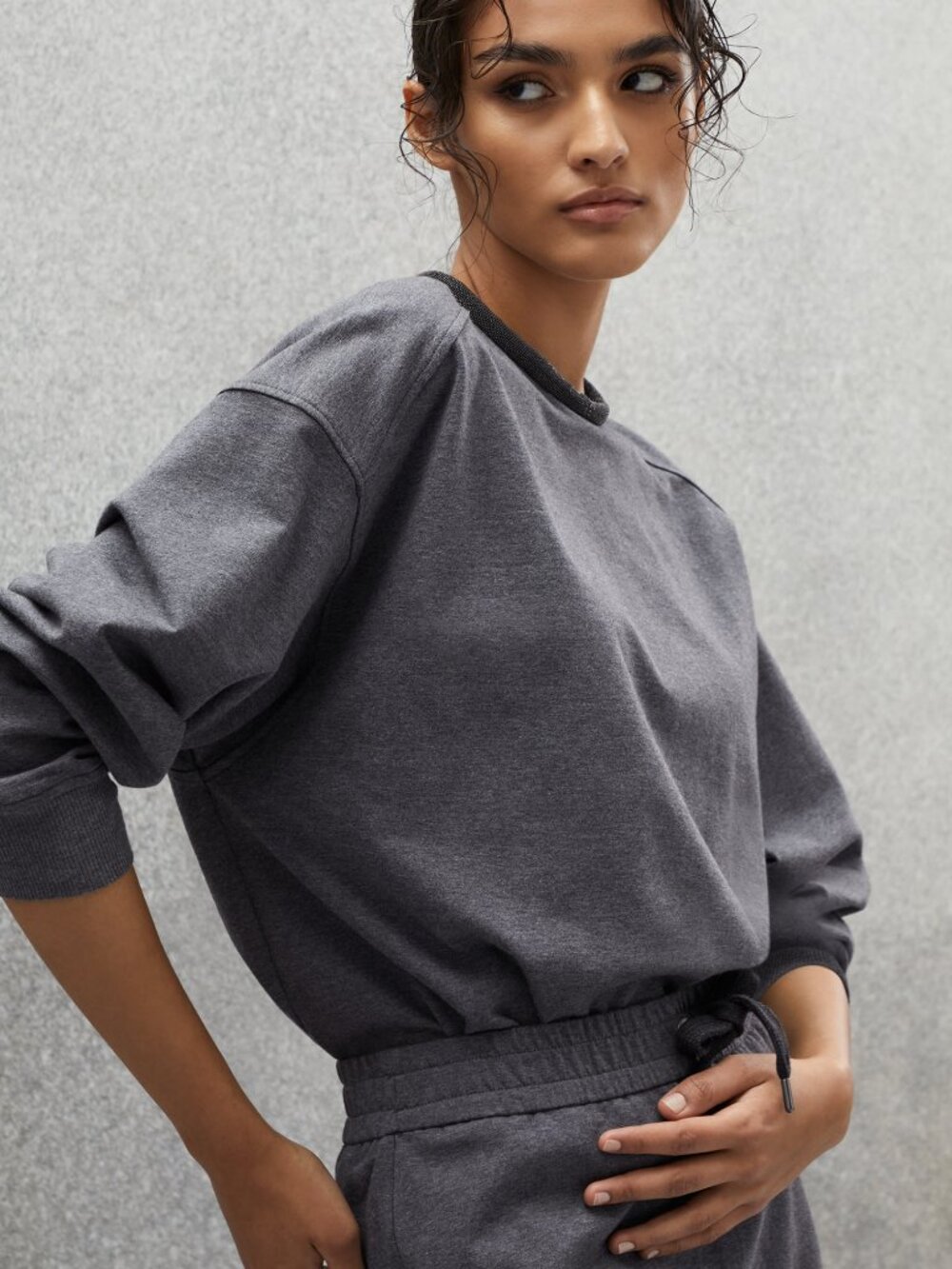 Brunello Cucinelli Monili Gray Sweatshirt Drop Sleeves Cotton Size XL